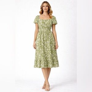 AZ Green Floral Dress Elastic Waist Puff Sleeves NWT women’s Size S/M(E28)✨